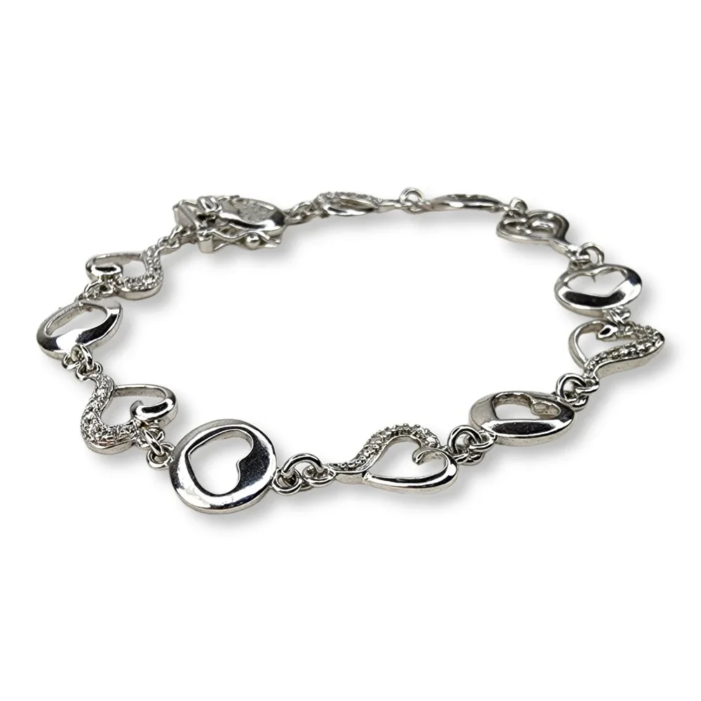 DL Tennis Bracelet 925 Sterling Silver 7.25in Open Heart Link Cubic Zirconia